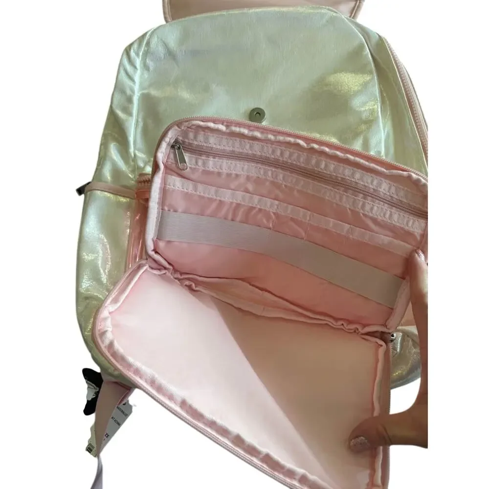 Girls Iridescent Pearl Pink Backpack Organizer Pouch School Travel NWT